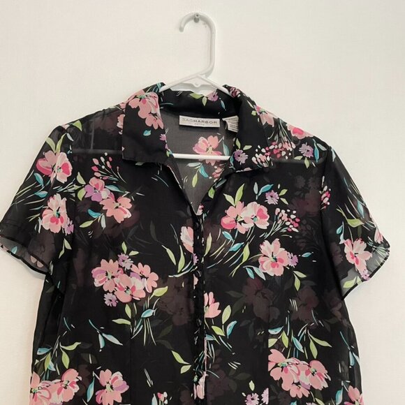 VINTAGE SAG HARBOR Black Pink Floral Short Sleeve Sheer Button Down PETITE Large - Picture 2 of 14